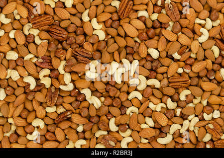 Gemischte Nüsse, Oberfläche und Hintergrund. Snack Mix aus getrockneten Mandeln, Cashews, Haselnüsse und Pekannüssen. Trail mix, Student, Lebensmittel oder Futter. Stockfoto