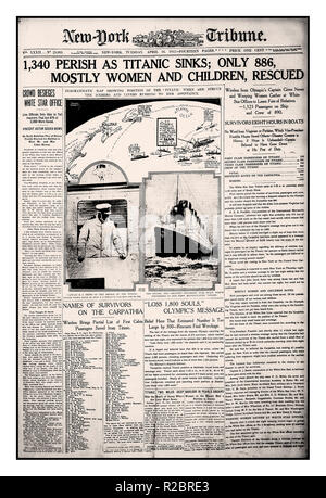 TITANIC SINKEN SCHLAGZEILEN Nachrichten Zeitung Vintage New York Tribune broadsheet Schlagzeilen Dienstag, 16. April 1912 hat die Berichterstattung über die tragischen Untergang der RMS Titanic 15./16. April 1912", 1340 verloren die Titanic sinkt' Stockfoto