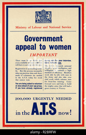 ATS-Poster 1939-45. Weltkrieg. Poster für dringenden Appell Regierung direkten Appell an Frauen. Weltkrieg wichtig.. 200000 dringend im A.T.S benötigt! Der Auxiliary Territorial Service war die Frauenabteilung der britischen Armee während des Zweiten Weltkriegs der Auxiliary Territorial Service ATS war die Frauenabteilung der britischen Armee während des Zweiten Weltkriegs. Es wurde am 9. September 1938 gegründet, zunächst als Freiwilligendienst für Frauen, und bestand bis zum 1. Februar 1949, als es in die Frauen Royal Army Corps fusioniert wurde. Stockfoto