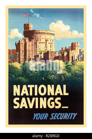 NATIONAL SPARES WK2 1940er UK Propaganda Appeals Poster. "Nationale Ersparnisse - Ihre Sicherheit", herausgegeben vom Nationalen Ersparungsausschuss. Mit dem historischen Royal Windsor Castle Berkshire fliegen die Union Jack Flag World war II 1939-1945 Großbritannien Plakate Anleihen und Kriegsfinanzierung Sparanleihen Stockfoto