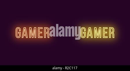 Beschriftung der Gamer in Neon Stil. Vector Illustration, glühender Text der Gamer in Orange und Gelb. Isolierte grafisches Element, Symbol und das Symbol o Stock Vektor