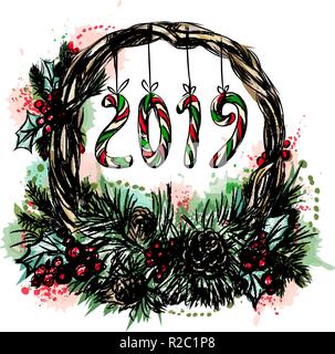 Weihnachten Kranz aus einem Schuss Aquarell, handgezeichnete Skizze Stock Vektor