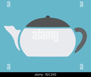 Weisse Teekanne mit schwarzem Deckel und blauem Hintergrund. Vector Illustration. Stock Vektor