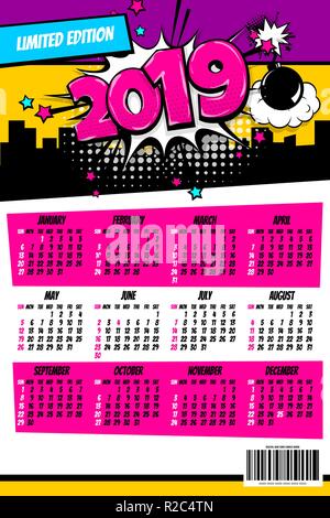 2019 retro super hero Kalender pop art Stock Vektor