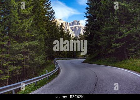 Leere Straße in die Berge durch den Kiefernwald. Dolomiten, Italien Stockfoto