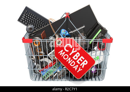 Cyber Monday Konzept. Computer und Zubehör in den Warenkorb mit Tag, 3D-Rendering auf weißem Hintergrund Stockfoto
