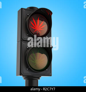 Marihuana, Cannabis Verbot Konzept. Ampel mit rot Marihuana Blatt, 3D-Rendering Stockfoto