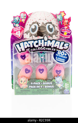 Winneconne, WI - 4 November 2018: ein Paket von Hatchimals colleggtibles auf einem isolierten Hintergrund. Stockfoto