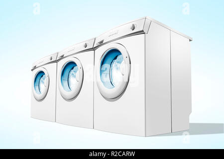 Reihen von Waschmaschinen auf blauem Hintergrund. Haushaltsgeräte Stockfoto