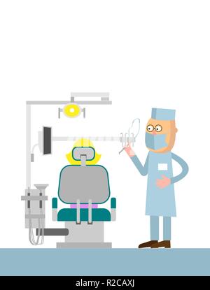 Zahnärzte Büro cartoon Vector Illustration mit mit Stomatologie Ausrüstung Patienten in Stuhl Arzt. Vector Illustration. Stock Vektor