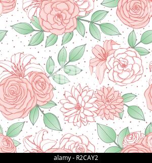 Vektor nahtlose Muster mit rosa und weisse Lilie, Chrysantheme, Camellia, Pfingstrose und rosa Blüten und Blätter auf gepunkteten Hintergrund. Vintage floral Orna Stock Vektor