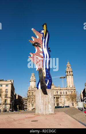 Barcelona, Spanien - 18. März 2018: Der Leiter der Barcelona (La cara de Barcelona). Surrealistische Skulptur von amerikanischen Pop-Art Künstler Roy Lichtenstein. Stockfoto