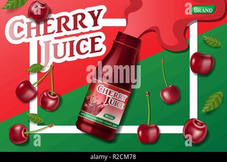 Cherry frischen Saft Werbung. Saft container-Paket ad isoliert. 3d realistische reife Kirsche Vector Illustration für Ihre kreativen Design Stock Vektor