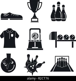 Bowling kegling Spiel Symbole gesetzt. Einfache Abbildung: 9 Bowling kegling Spiel Vector Icons für Web Stock Vektor