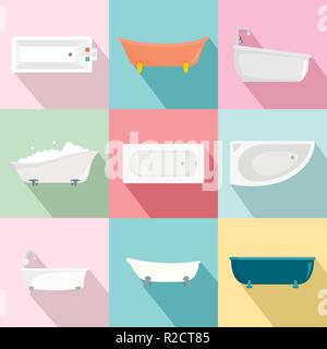 Badewanne interior Symbole gesetzt. Flache Abbildung: 9 Badewanne Innenausstattung Vector Icons für Web Stock Vektor