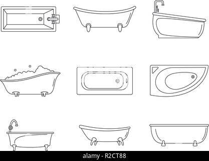 Badewanne interior Symbole gesetzt. Überblick Abbildung: 9 Badewanne Innenausstattung Vector Icons für Web Stock Vektor