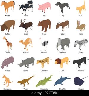 Tiere mit Unterschrift Name set Symbole. Isometrische Darstellung der 25 Tiere mit Unterschrift Name Vector Icons für Web Stock Vektor