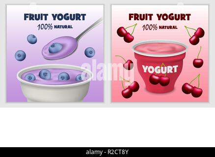 Box Joghurt lecker banner Konzept gesetzt. Realistische Abbildung: 2 Joghurt, lecker Vektor banner horizontale Konzepte für Web Stock Vektor