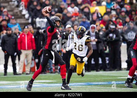 Ottawa, Kanada. 18 Nov, 2018. Ottawa Redblacks quarterback Trevor Harris (7) wirft den Ball während der CFL Eastern Division Finale zwischen dem Hamilton Tiger - Katzen und Ottawa Redblacks bei TD Place Stadion in Ottawa, Kanada. Daniel Lea/CSM/Alamy leben Nachrichten Stockfoto