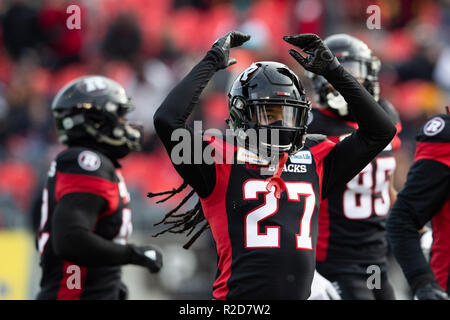 Ottawa, Kanada. 18 Nov, 2018. Ottawa Redblacks Defensive zurück Sherrod Baltimore (27) vor der CFL Eastern Division Finale zwischen dem Hamilton Tiger - Katzen und Ottawa Redblacks bei TD Place Stadion in Ottawa, Kanada. Daniel Lea/CSM/Alamy leben Nachrichten Stockfoto