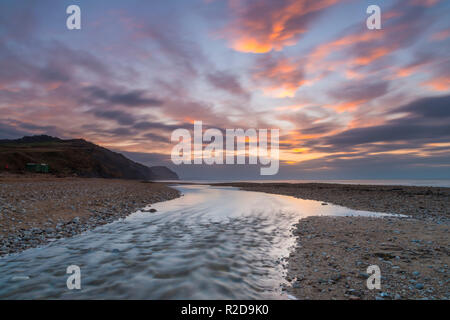 Charmouth, Dorset, Großbritannien. 19 Nov, 2018. Blick auf goldene Kappe von Charmouth Beach in Dorset wie Wolken im Osten bei Sonnenaufgang an einem kalten Morgen. Foto: Graham Jagd-/Alamy leben Nachrichten Stockfoto