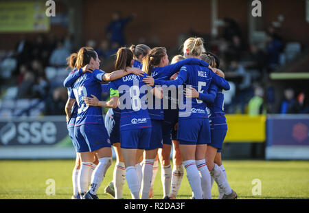 Kingsmeadow, Kingston on Thames, London, UK. Nov 2018 18. Chelsea Spieler feiern ein Ziel während der WSL 1 Match zwischen Chelsea Damen und Yeovil Town Damen an Kingsmeadow. © David Rebhuhn/Alamy leben Nachrichten Stockfoto