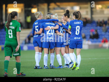 Kingsmeadow, Kingston on Thames, London, UK. Nov 2018 18. Chelsea Spieler feiern das 5. Ziel Ihrer 5-0 in der WSL 1 Match gegen Yeovil Town Damen gewinnen bei Kingsmeadow. © David Rebhuhn/Alamy leben Nachrichten Stockfoto