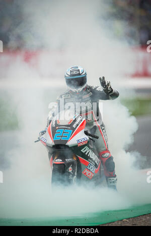 Manilva, Malaga, Spanien. 18 Nov, 2018. GP Comunitat Valenciana Moto GP. Marcel Schrotter Moto2-Reiter von Dynavolt intakt GP Team, feiert das brennende Rad nach Moto2-Rennen. Credit: rosdemora/Alamy leben Nachrichten Stockfoto