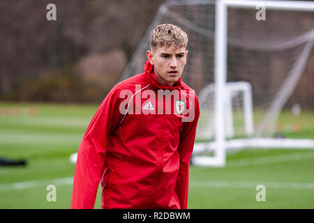 Cardiff, Wales. 15. November 2018. Wales Mittelfeldspieler David Brooks Züge vor Ihrer bevorstehenden freundlich gegen Albanien. Lewis Mitchell/YCPD. Stockfoto