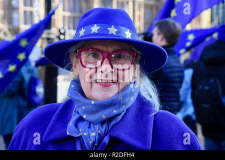 Senior Pro EU-Demonstrant, Anti Brexit Protest von Steve Bray und Mitglieder der Stand der Missachtung der Europäischen Bewegung (SODEM) in einer Woche, die für Teresa und die konservative Regierung, das Parlament, London.UK entscheidend ist Stockfoto