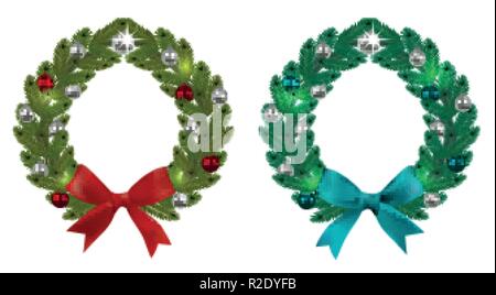 Weihnachten, das neue Jahr. Grüne Zweige in der Form von zwei Weihnachten Kränze mit Kugeln und Bögen aus Fichtenholz. Auf einem weißen Hintergrund. Stock Vektor