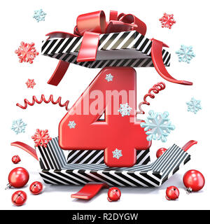 Rote Zahl vier Innen 4 offene Geschenkbox 3D Rendering Illustration auf weißem Hintergrund Stockfoto