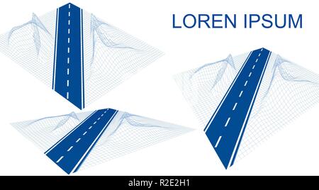 Straße, Autobahn in 3D. Futuristische hud Element der Gestaltung. Navigation Methode mit Markierungen. Drahtmodell landskape auf weißem Hintergrund. Stock Vektor