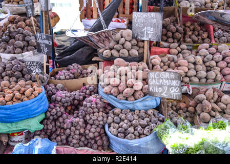 Arequipa, Peru - Oktober 7, 2018: Kartoffel Rebsorten auf den Verkauf in den zentralen Markt, Mercado San Camilo Stockfoto