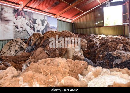 Arequipa, Peru - Oktober 7, 2018: Stapel von raw Alpaka Wolle, die auf ihre Verarbeitung warten für den Einsatz in der Textilindustrie Stockfoto