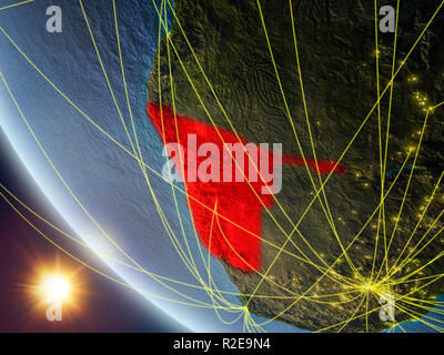 Namibia auf dem Planeten Erde aus dem Weltraum mit Netzwerk. Konzept der internationalen Kommunikation, Technik und Reisen. 3D-Darstellung. Elemente dieser imag Stockfoto