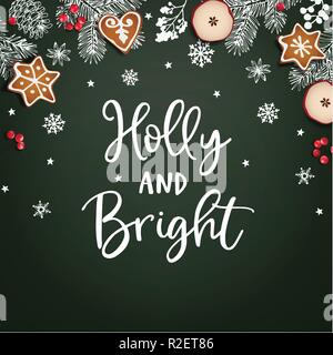 Holly und Helle Weihnachten Grußkarte, Einladung. Dekorative Rahmen, Banner. Hand gezeichnet Chalk Tannenzweigen, Schneeflocken, Beeren, Apfel und Lebkuchen Cookies. Grüner Hintergrund. Vector Illustration Stock Vektor