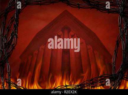 Antike griechische Tempel brennt in Barbed Wire frame Stockfoto