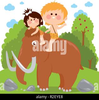 Prähistorische Landschaft mit zwei höhlenmenschen Kinder, ein Junge und ein Mädchen Reiten eines Mammuts. Vector Illustration Stock Vektor