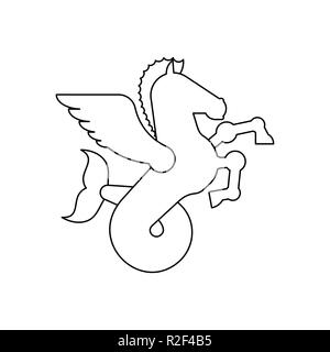 Meer Pegasus Wappentier linearen Stil. Geflügeltes Pferd mit Fischschwanz. Hippocampus fantastische Tier. Monster für Wappen. Heraldik design Element. Stock Vektor