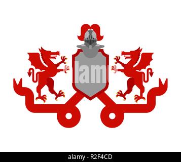 Heraldische Schild Drachen und Ritter Helm. Fantastische Tiere. Vorlage Heraldik design Element. Wappen der königlichen Familie Stock Vektor