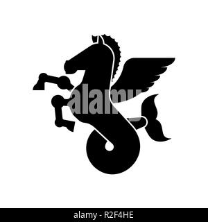 Meer Pegasus Wappentier Silhouette. Geflügeltes Pferd mit Fischschwanz. Hippocampus fantastische Tier. Monster für Wappen. Heraldik design Element. Stock Vektor