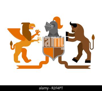 Heraldische Schild Griffin und Minotaurus und Ritter Helm. Fantastische Tiere. Vorlage Heraldik design Element. Wappen der königlichen Familie Stock Vektor