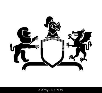 Heraldische Schild Löwen und Drachen und Ritter Helm. Fantastische Tiere. Vorlage Heraldik design Element. Wappen der königlichen Familie Stock Vektor