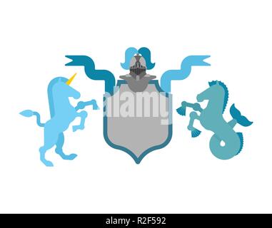 Heraldische Schild Einhorn und Hippocampus und Ritter Helm. Fantastische Tiere. Vorlage Heraldik design Element. Wappen der königlichen Familie Stock Vektor