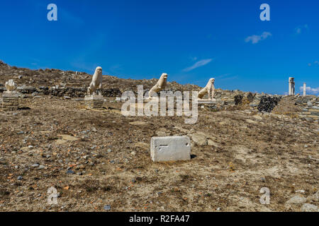 Der alte Löwe Statuen auf der heiligen Insel Delos, Griechenland. Der Geburtsort des Gottes Apollo. Stockfoto