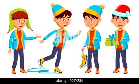 Asian Boy Schüler Set Vektor. Grundschule Kind. Niedliches Kind. Glück genießen. Chrastmas, neues Jahr. Zur Präsentation, Einladung Design. Isolierte Cartoon Illustration Stock Vektor