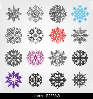 Line Schnee Icon Set. Sammlung von Schneeflocken Variation auf weißem Hintergrund. Eis Form Muster. Winter Weihnachten Dekoration Stock Vektor