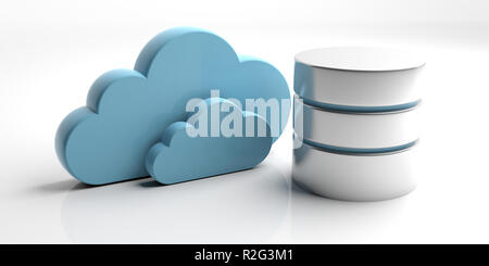 Cloud Computing Datenbank. Datenbank Symbol und Storage Cloud auf weißem Hintergrund. 3D-Darstellung Stockfoto