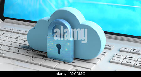 Cloud Computing und Cyber Security, data Schutzschild. Blaue Wolke und Schloss auf einem Computer Laptop Tastatur. 3D-Darstellung Stockfoto